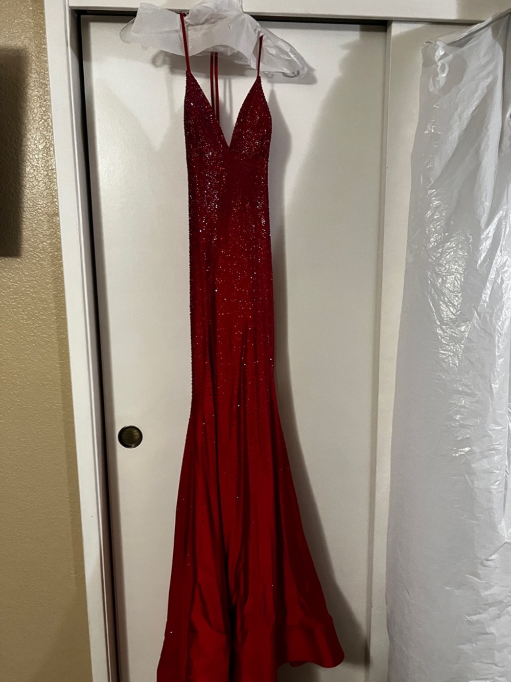 Red Glitter Plunge Prom Dress with Spaghetti Straps